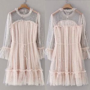 Flounce Sleeve Frill Trim Star Sequin Mesh Dress